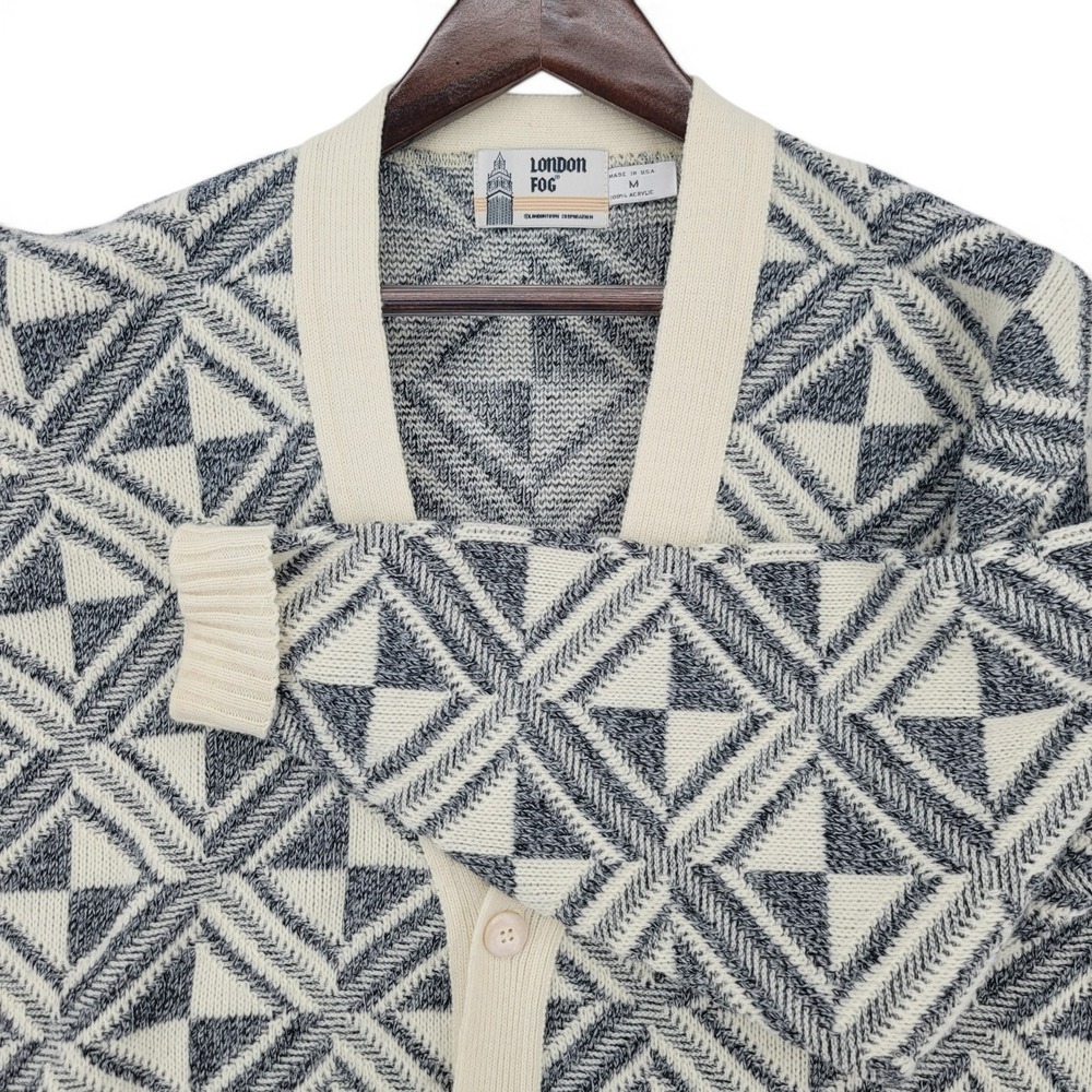 London Fog Mens Medium Cardigan Sweater Acrylic Gray Geometric Vintage